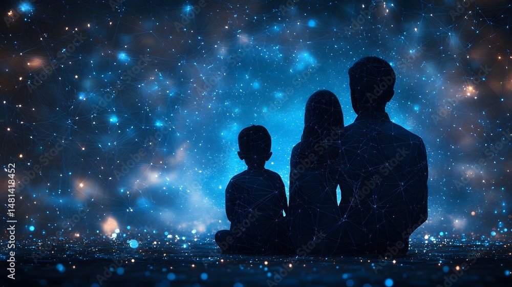 Poster family silhouettes stand against a network of blue lines, evoking connection and future. bright dots