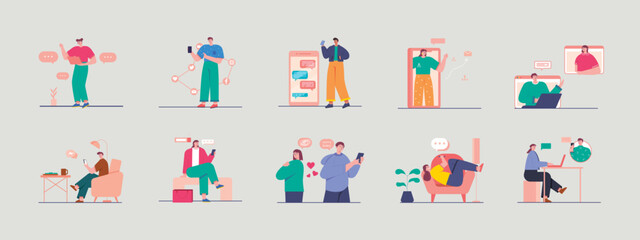 Chatting illustrations set. Communication with phone. Flat vector illustration concept.