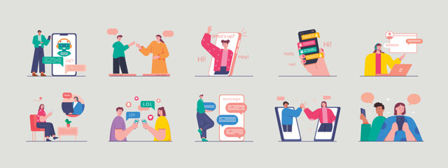 Chatting illustrations set. Communication with phone. Flat vector illustration concept.