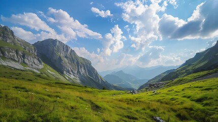 Fototapeta premium Green Mountain Valley Under Blue Sky With White Clouds In Bright Sunlight