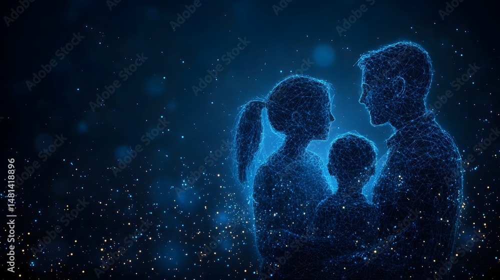 Aufkleber heartwarming family embrace depicted in a modern, tech-inspired wireframe style against a cosmic bac