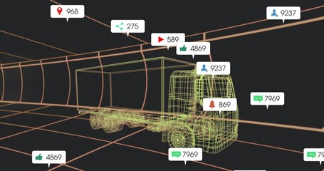 3D wireframe cargo truck moving through neon grid tunnel with floating notification callouts - Powered by Adobe