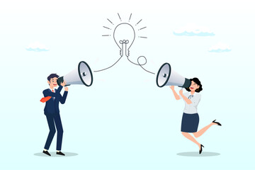 Business people talk on megaphone with idea, communication message, announcement or conversation to communicate idea, information or discussion speech, advertising strategy, speaking or talk concept