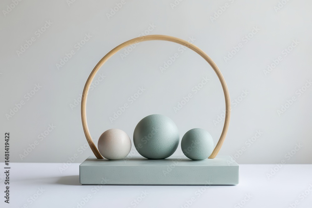 Poster Elegant display of three smooth spheres on a minimalist stand with a wooden arch in a modern interior setting