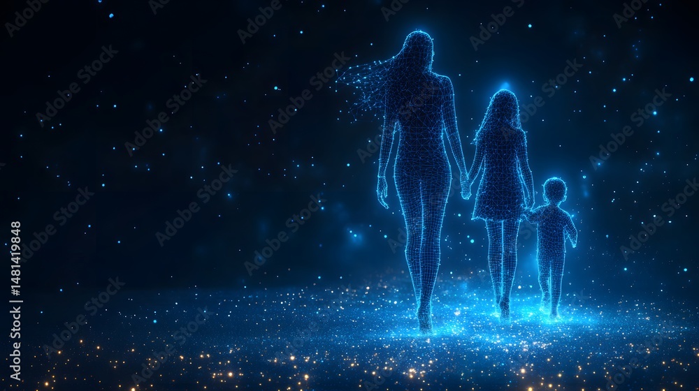 Poster futuristic family of wireframe models walking in a digital aurora. glowing blue figures holding hand
