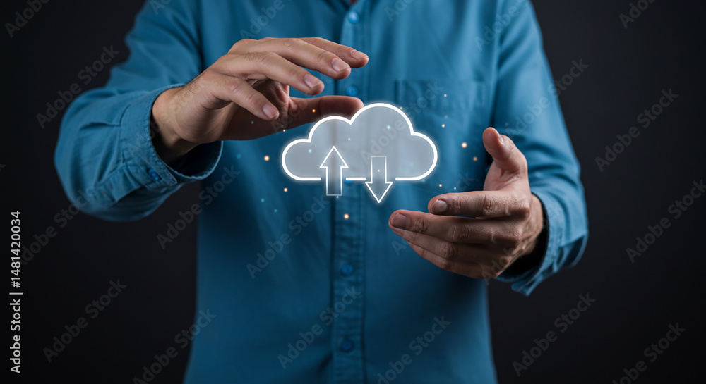 Aufkleber person holding four wooden circles with process icons representing workflow and automation concepts 