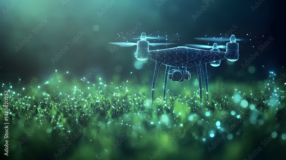 Aufkleber Futuristic drone surveying a stylized grassy field, represented by glowing lines and dots. High-tech concept with a wireframe drone design and integrated camera. Abstract wireframe in dark blue.