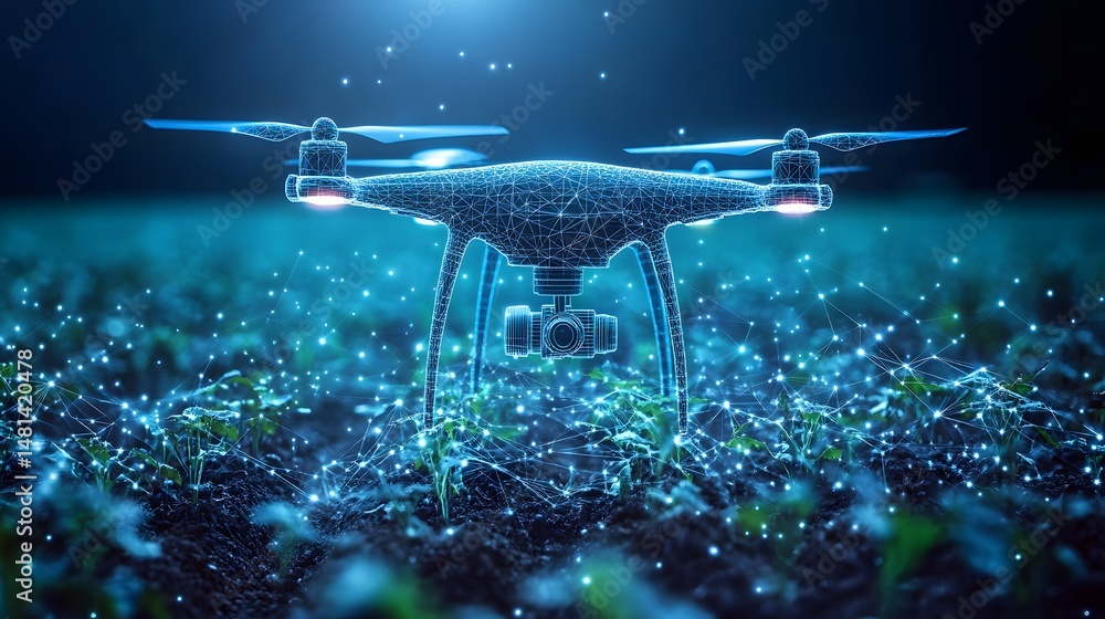 Poster futuristic drone surveys a field of young plants with glowing connections in a dark backdrop. high-t