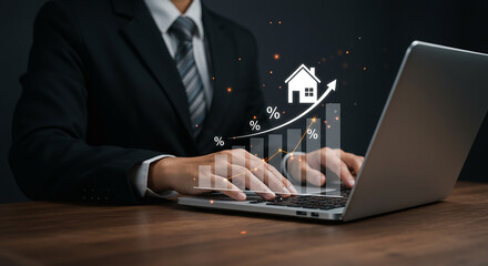 A businessman touching a digital interface with business and finance related icons floating around it