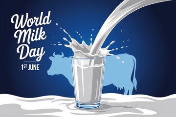 A glass of milk being poured with a cow silhouette for world milk day celebration design art