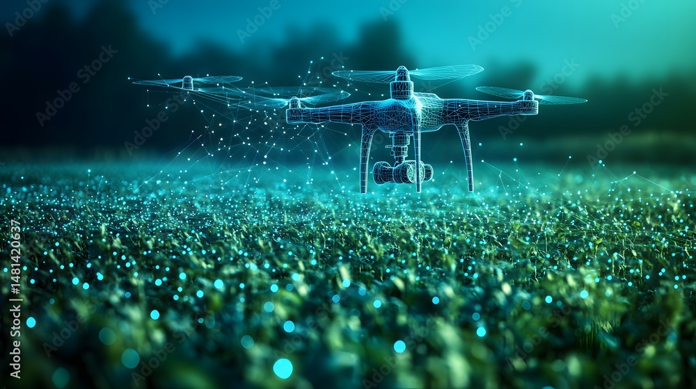 Aufkleber Drone monitoring field with advanced network connections. Data collection or precision agriculture concept. Technology meets nature in this abstract wireframe in dark blue. Smart farming innovation.