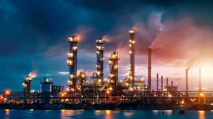 Industrial Oil Refinery Complex Illuminated At Dusk With Smoke Rising