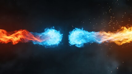 Concept of energy conflict with flaming red and icy blue waves colliding on a dark spark background
