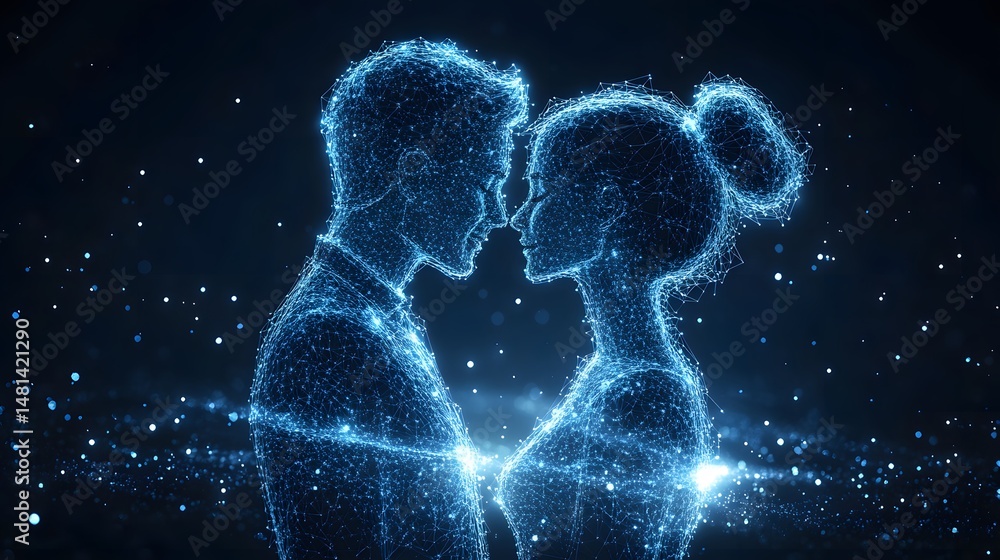 Poster ethereal connection illustrated with digital human figures about to kiss. a modern depiction of inti