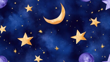 Naklejka premium Cosmic repeat pattern, drawn stars on deep night blue, whimsical hand-splashed style