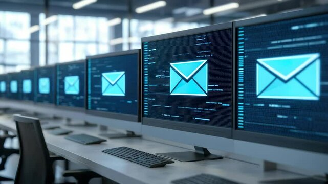 High-Tech Office with Multiple Computer Monitors Displaying Email Graphics in Modern Workspace Environment
