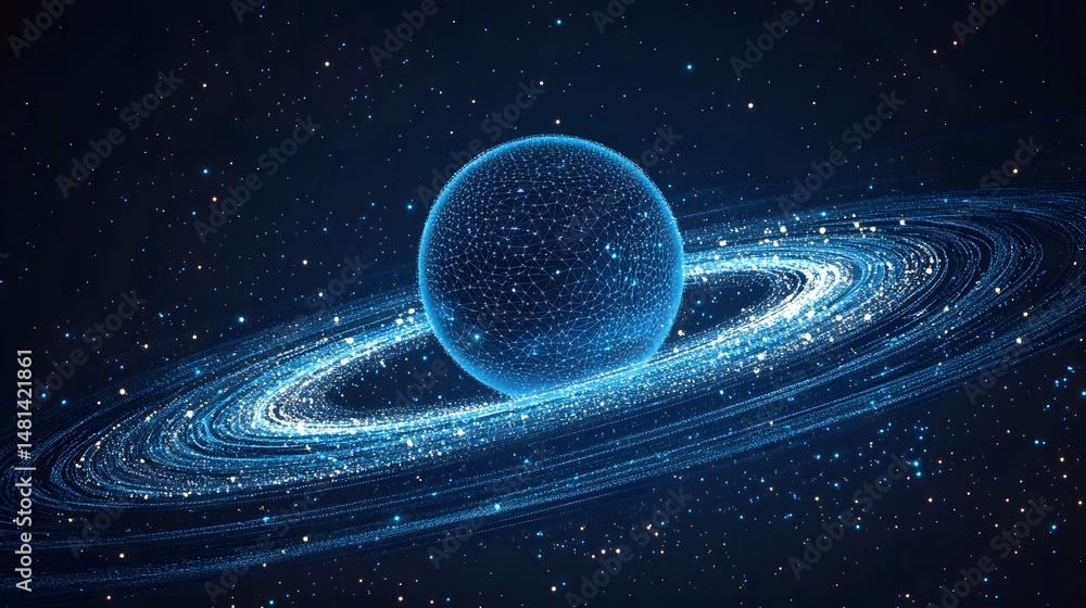 Poster futuristic digital planet with glowing rings in a star-filled, dark blue space. a high-tech celestia