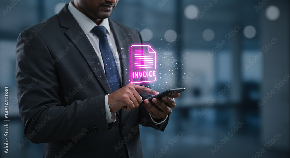 Aufkleber a person in a suit using a smartphone with stacks of coins and an upward trending graph overlayed