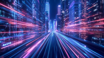 Nighttime cityscape viewed from high-speed monorail, architecture transformed into vertical streaks of neon blue and red light, futuristic metropolis aesthetic, dramatic motion blur creating sense of