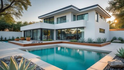 Fototapeta premium Stunning two-story suburban home featuring a modern flat roof design with large allowing natural light to fill the interior surrounded by lush greenery