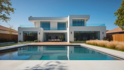 Fototapeta premium A contemporary two-story suburban house with a sleek design featuring large , a spacious lawn, and a modern aesthetic perfect for family living and entertaining guests