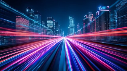 Nighttime cityscape viewed from high-speed monorail, architecture transformed into vertical streaks of neon blue and red light, futuristic metropolis aesthetic, dramatic motion blur creating sense of