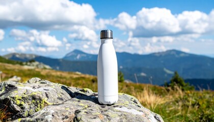 White water bottle - mockup for text or logo, leaning on a rock on a hiking trail, mountains in the background, bright sunny day with clouds