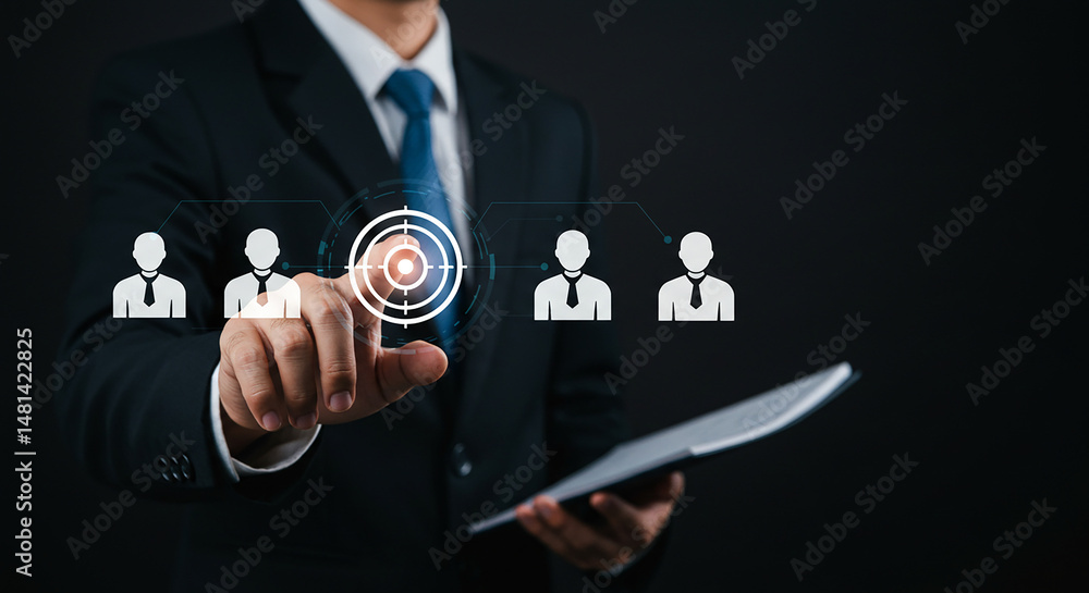 Poster a businessman selecting a candidate with a target on them from a group of candidates on a dark backg