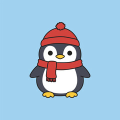 Naklejka premium Adorable cartoon penguin wearing a red beanie and scarf. Perfect for children's illustrations, winter themes, and festive holiday designs.