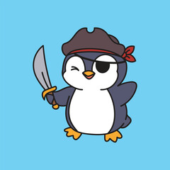 Funny penguin in pirate costume holding sword, with eyepatch and bandana. Great for kids' illustrations, adventure themes, and playful character designs.