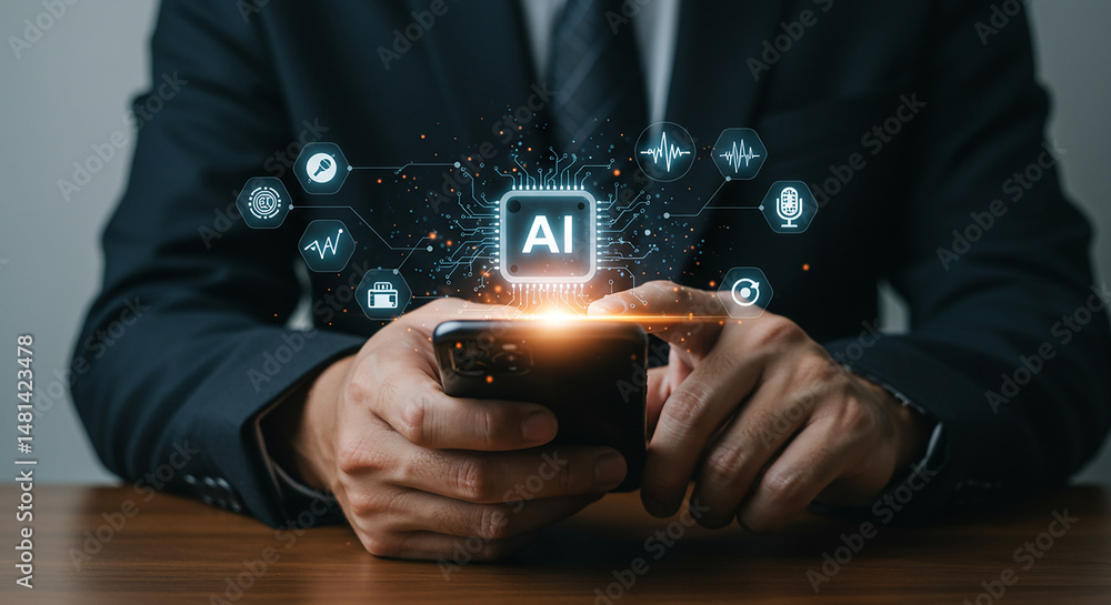 Poster a person holding a smartphone with an ai chip and digital icons floating above the screen on a table