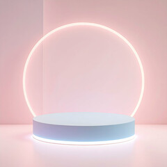 Abstract 3D Blue Cylinder Podium with Neon Circle on Pink Background for Product Display