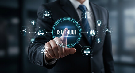 Man in suit touching iso environmental management system interface with renewable energy icons around it real estate business ,technology ,selling ,purchasing ,agreement ,$