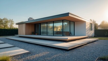A compact low-profile modern home with unique architectural features surrounded by lush landscaping and a clear blue sky enhancing the aesthetic appeal of contemporary living