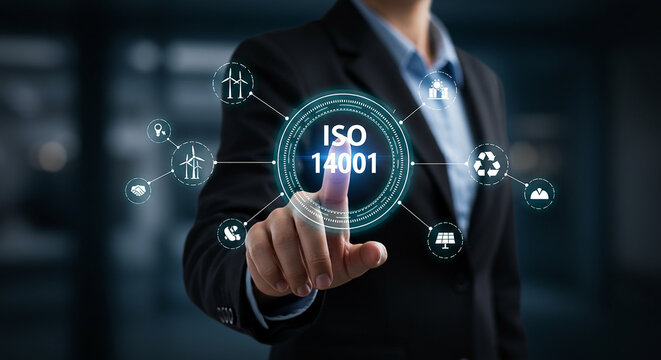 A person in a suit touching a digital interface displaying iso 14001 and various environmental icons real estate business ,technology ,selling ,purchasing ,agreement ,$