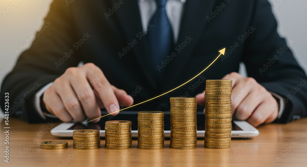 Poster a businessman analyzing increasing stacks of coins with an upward trending arrow on a tablet screen 