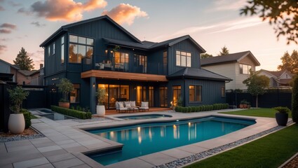 Fototapeta premium A contemporary three-level suburban home with sleek lines and modern finishes offering an ideal space for family living and entertaining in a peaceful community setting