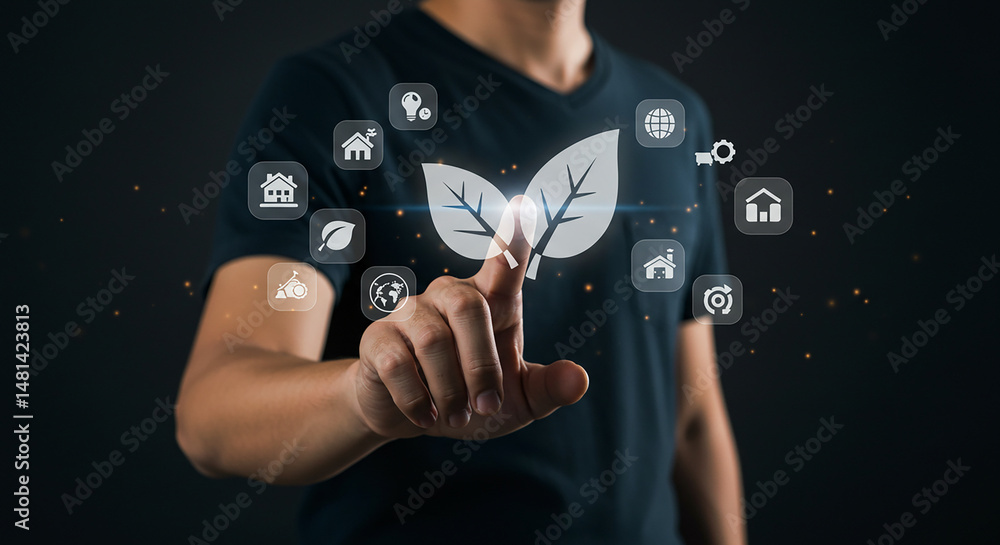 Poster a person touching a digital display with leaf icons and other environmental related symbols floating