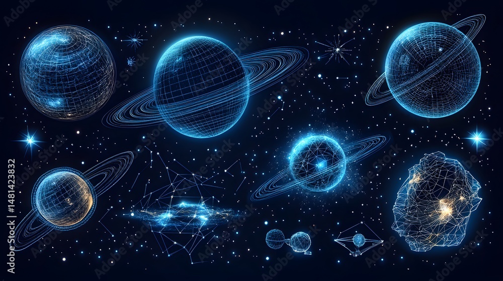 Poster Visually stunning celestial scene featuring luminous wireframe planets and intricate cosmic structures against a deep blue, star-filled background. Abstract wireframe in dark blue.