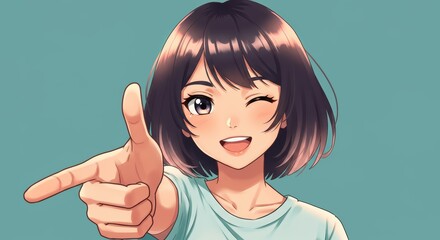 Anime Girl Winking and Pointing at the Viewer