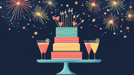 Minimalist celebration artwork, geometric pattern gifts, modern layered cake illustration, stylized drink vessels, decorative starbursts, navy background, retro-inspired color palette, clean shapes,