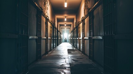 Long Dark Prison Corridor With Metallic Doors In A Dimly Lit Building