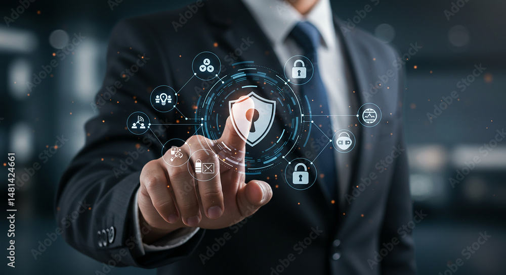 Poster a businessman in a suit touching a digital shield with security icons floating around him in the air