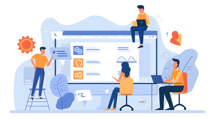 Illustration of people working collaboratively on a website interface with various design elements visible