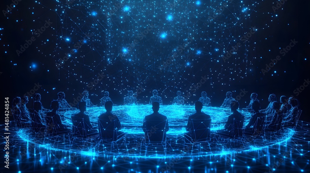 Aufkleber Connected individuals engage in a futuristic, round table digital discussion. Data flows in this technologically advanced world. Connectivity emphasized. Abstract wireframe in dark blue.