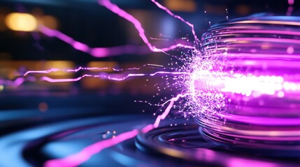 Energy bolt glowing in hot pink neon with surrounding electric arcs and sparks in an abstract tech style