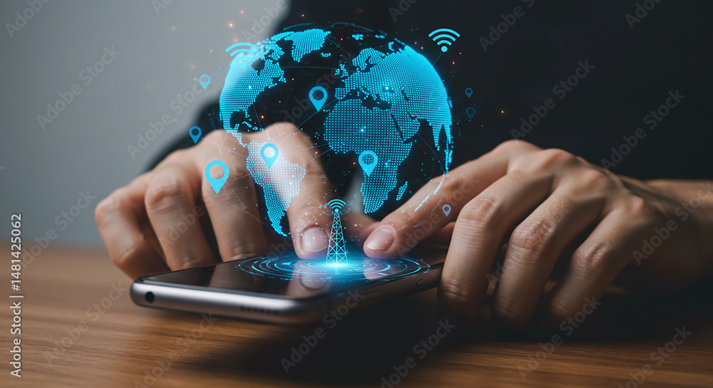 Aufkleber person using smartphone with digital earth hologram and location pins overlayed on the screen view r