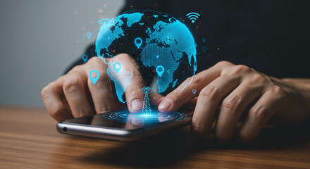 Person using smartphone with digital earth hologram and location pins overlayed on the screen view real estate business ,technology ,selling ,purchasing ,agreement ,$