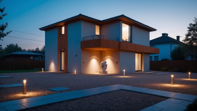 A stunning double-volume modern suburban house featuring clean lines, large , and a beautifully landscaped garden in a peaceful residential neighborhood