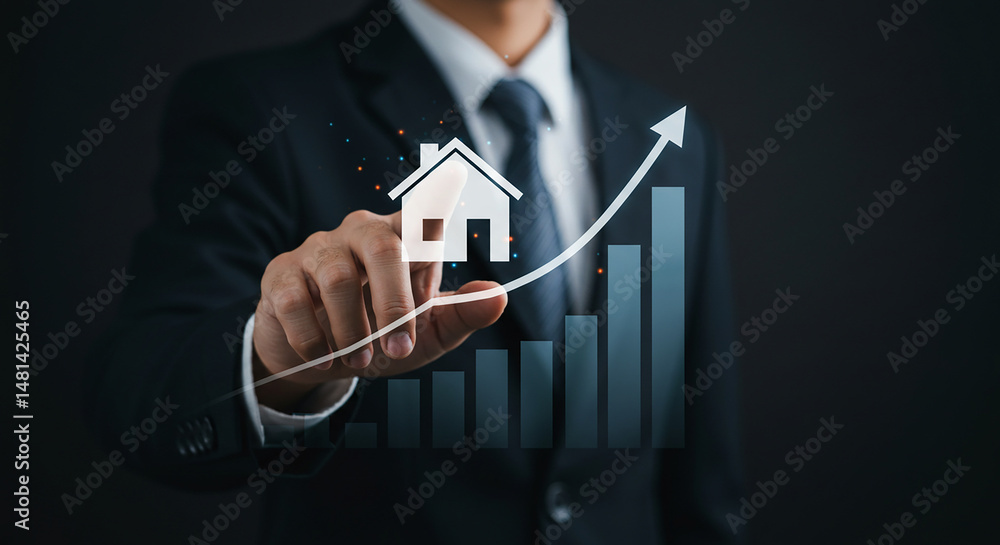 Poster a person in a suit pointing at a house icon with an upward trending graph on a dark background real 